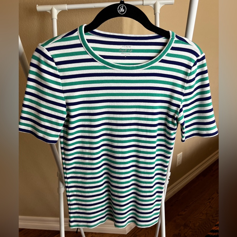 J. Crew Perfect Fit Tee, Size Small, White, Navy Blue and Green stripes